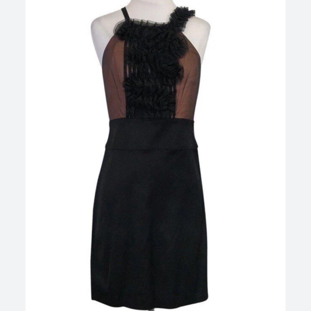 BCBGMaxAzria Black Ruffled Mesh Dress Tan and Silk Cocktail Dress